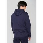 Sweat à capuche homme à motifs promeneur et chien en coton bio, vue portée en pied, bleu marine