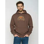 sweat à capuche homme GREENBOMB en coton bio porté, soleil au-dessus de montagnes et sapins, oiseaux en vol, terre boisée