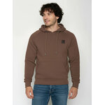 sweat à capuche homme GREENBOMB en coton bio porté, gros plan de roue avant et de guidon encadré, terre boisée