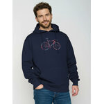 sweat à capuche homme GREENBOMB en coton bio porté, vélo de course aux contours décalés multicolores, bleu marine