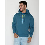 sweat à capuche homme GREENBOMB en coton bio porté, vélo de face façon tampon, guidon de course et pneus cratés, bleu marée