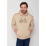 sweat à capuche homme GREENBOMB en coton bio porté, vélo de course au dossard 51, bidon sur le cadre, beige latte