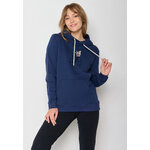 sweat à capuche femme GREENBOMB en coton bio porté, deux chats dans le panier d'un vélo, bleu marine