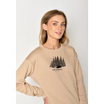 sweat femme GREENBOMB en coton bio porté, tente, sapins, vélo et oiseaux, beige latte