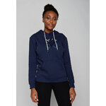 sweat à capuche femme GREENBOMB en coton bio porté, mouettes sur un vélo de ville à panier, bleu marine