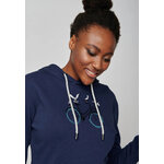 sweat à capuche femme en coton bio, vue portée en pied, bleu marine