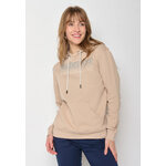 sweat à capuche femme GREENBOMB en coton bio porté, ruban de petits vélos dégradé bleu-crème, beige latte