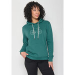 sweat à capuche femme GREENBOMB en coton bio porté, vélo de course avec bidon et dossard, vert jungle