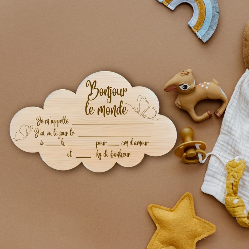 Carte bienvenue bébé en bois à remplir  Nuage & Papillons 