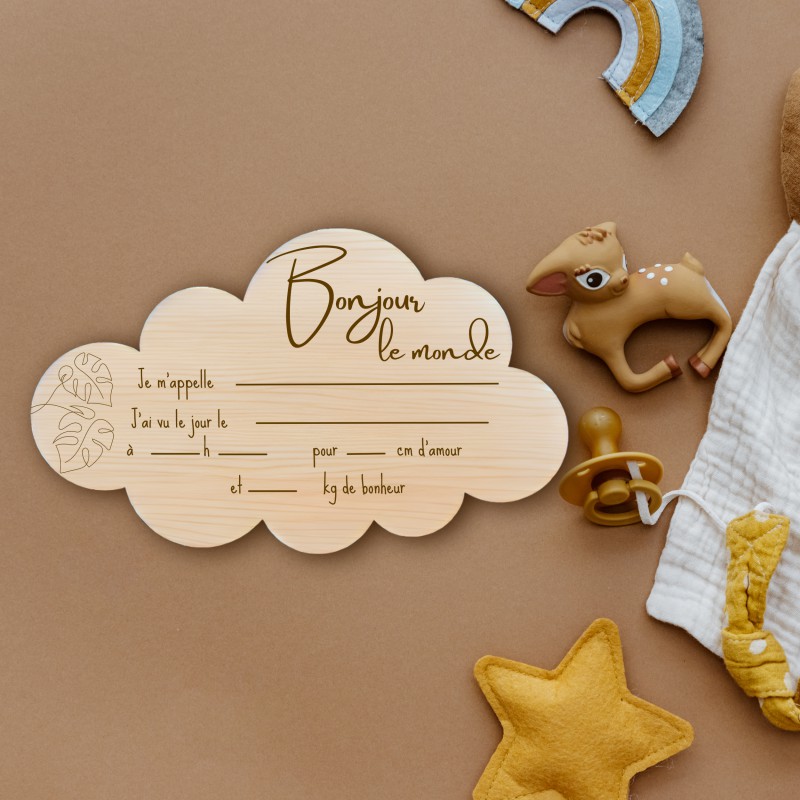 Carte bienvenue bébé en bois à remplir  Nuage & feuilles 