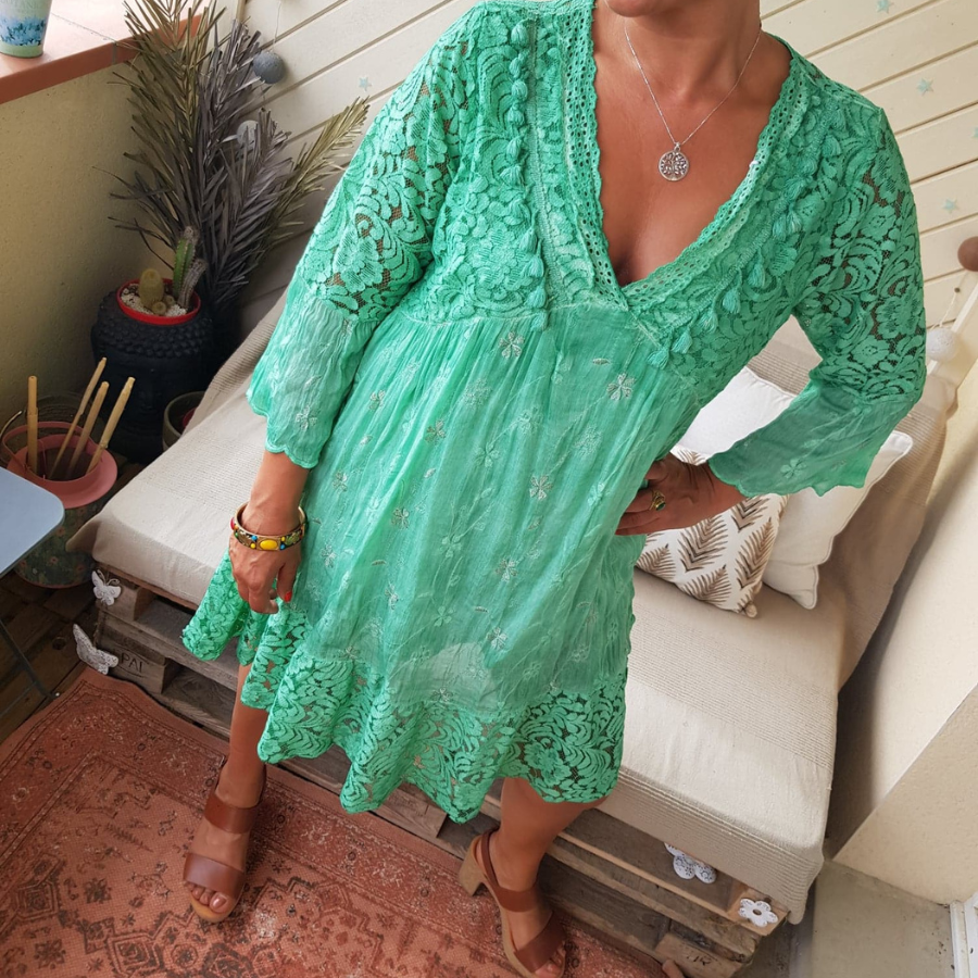 Robe mi longue style Bohème-verte
