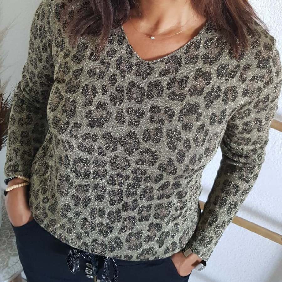 T-shirt scintillant à imprimé léopard à manches longues
