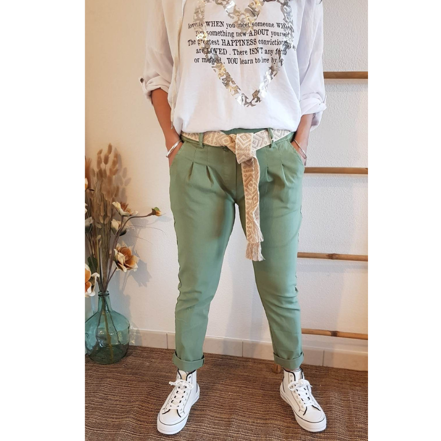 Pantalon femme avec ceinture élastique et taille 38-44 - kaki