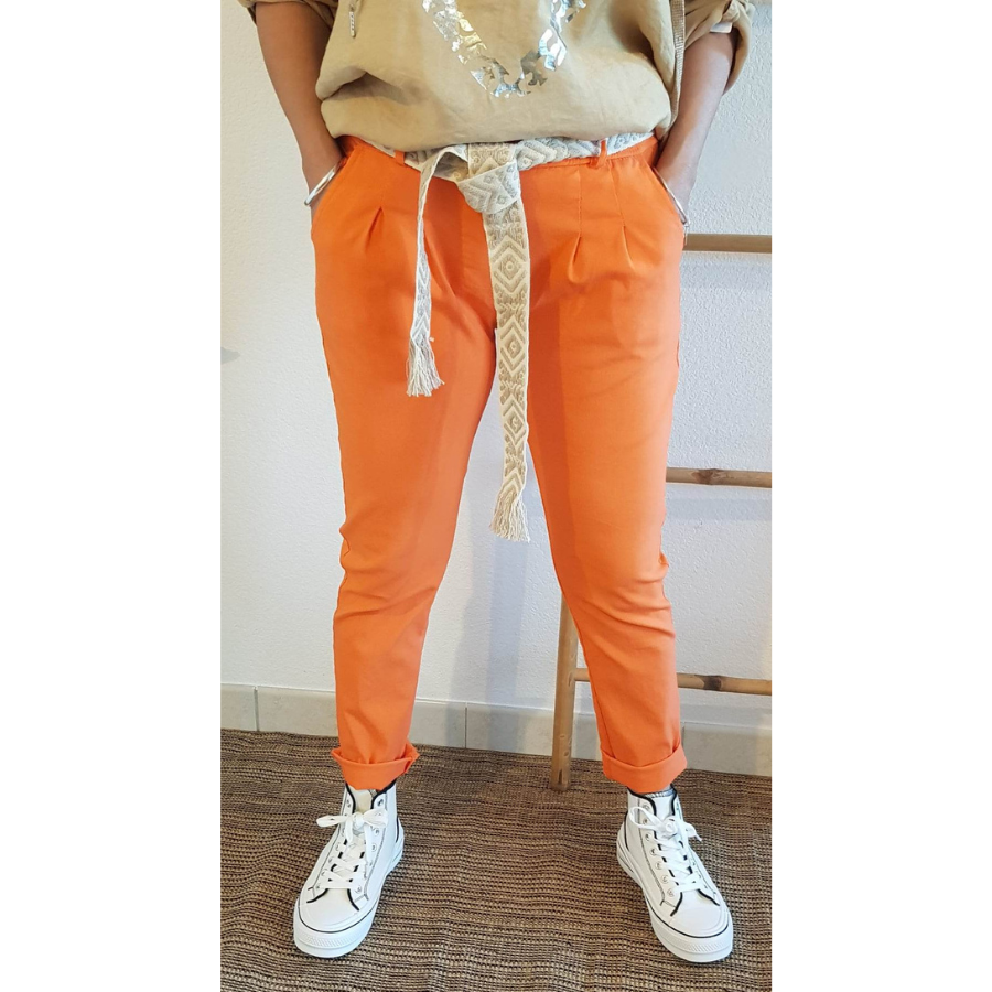 Pantalon femme orange avec taille élastique et poches, fabriqué en Italie