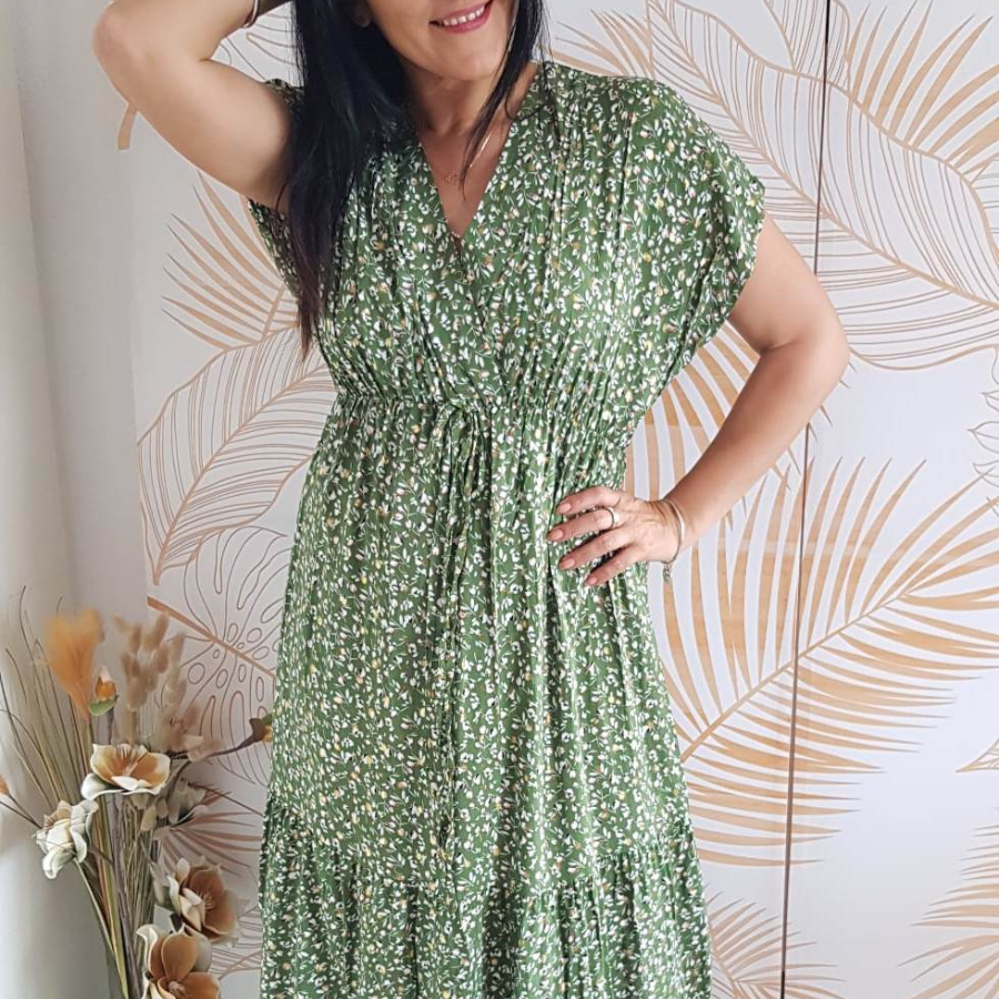 Robe femme kaki à imprimé en col V