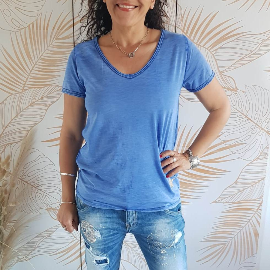 T-shirt femme uni, Col V avec étoile au bas du T-shirt