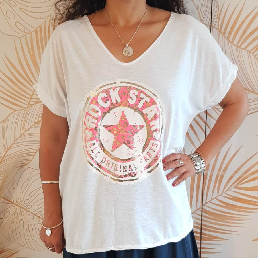 T - shirt (rock star) fond blanc, imprimé fushia 38-44
