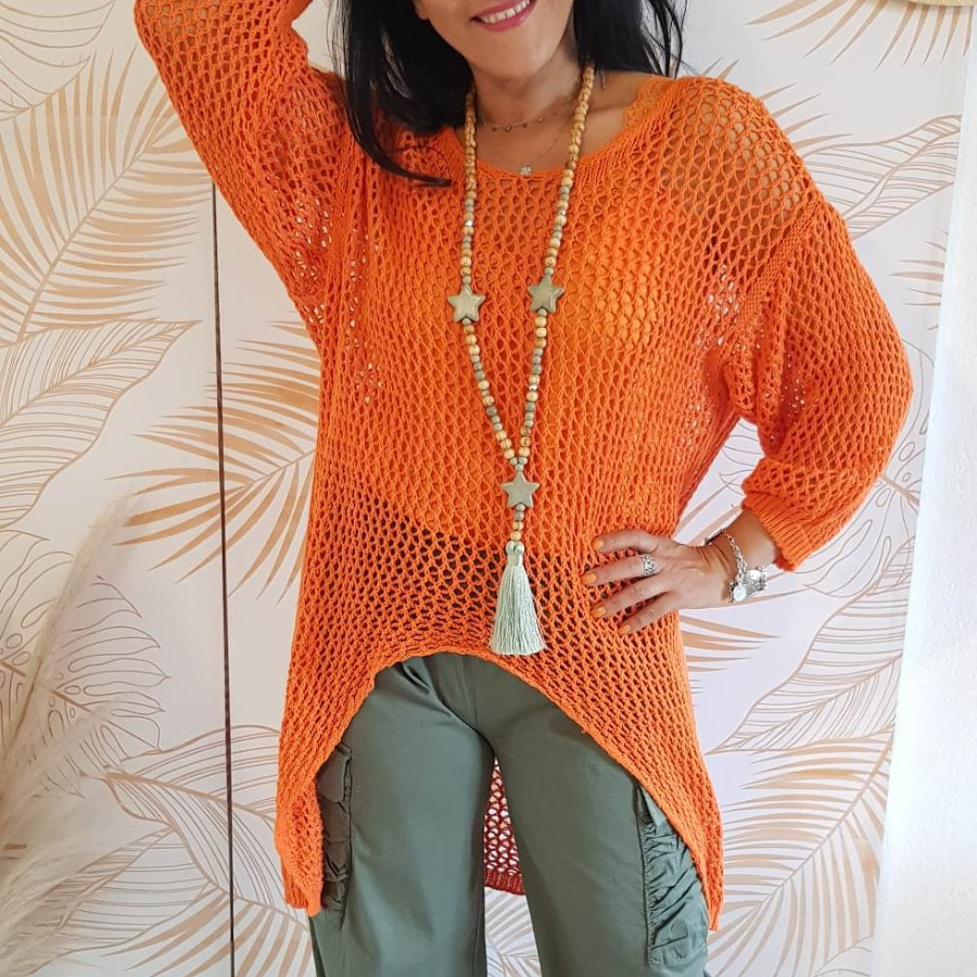 Pull long femme coton oversize effet crochet - Fabriqué en Italie