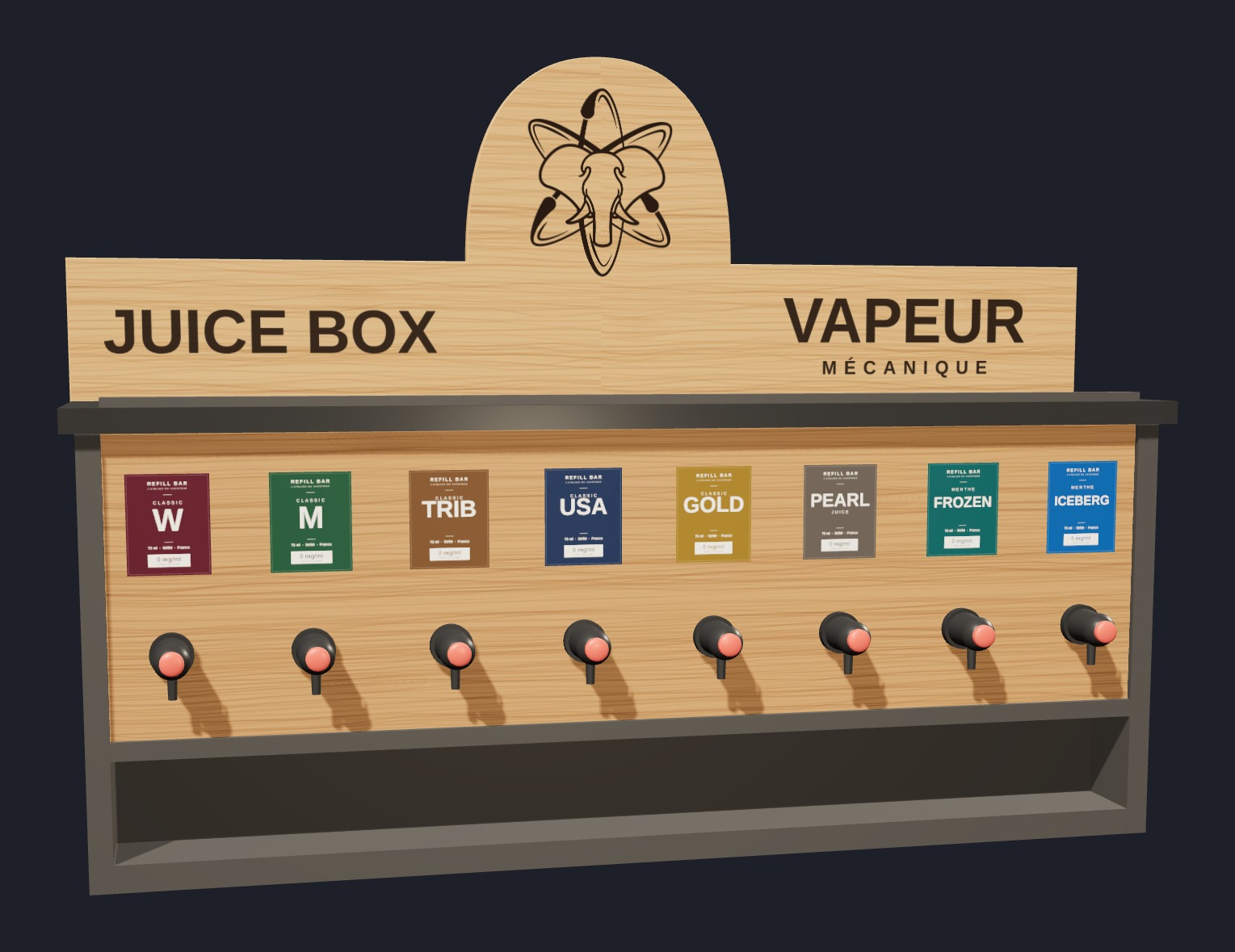 Modélisation 3D de la Juice Box vue de face : fronton en chêne et 8 robinets étiquetés Refill Bar