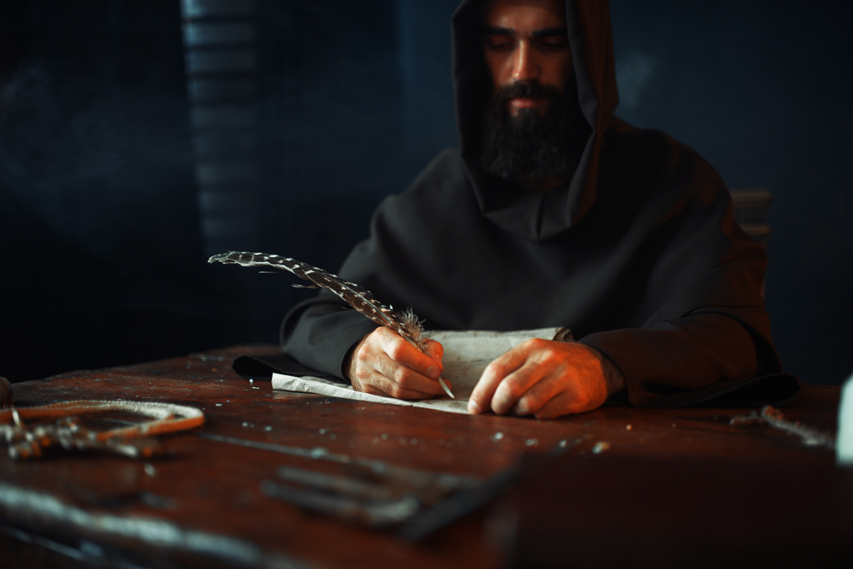 medieval monk sitting at table and write top view 2021 08 26 16 26 49 utc