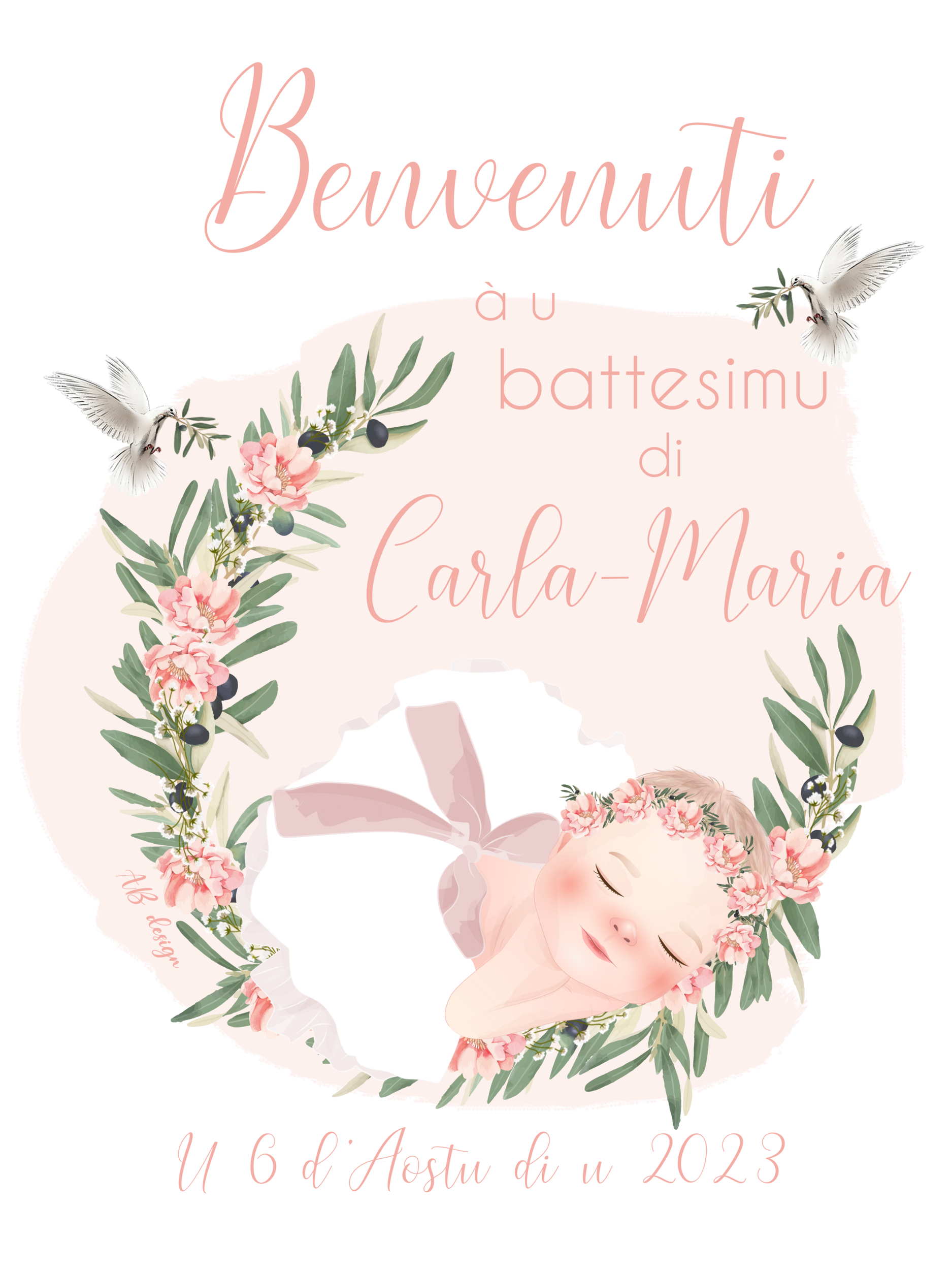 affiche 60x80 bapteme bébé fille couronne olivier + pivoines roses gypso