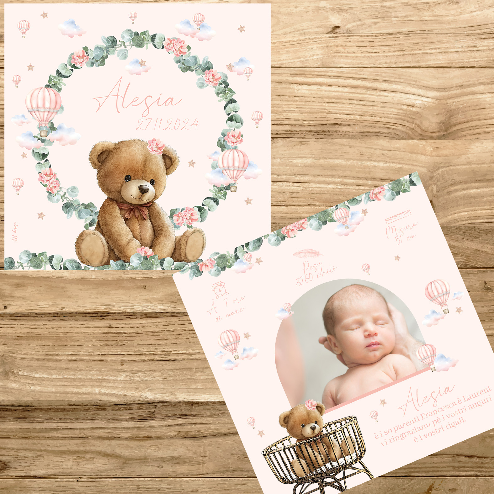 présentation FP naissance nounours eucalyptus pivoines rose montgolfière