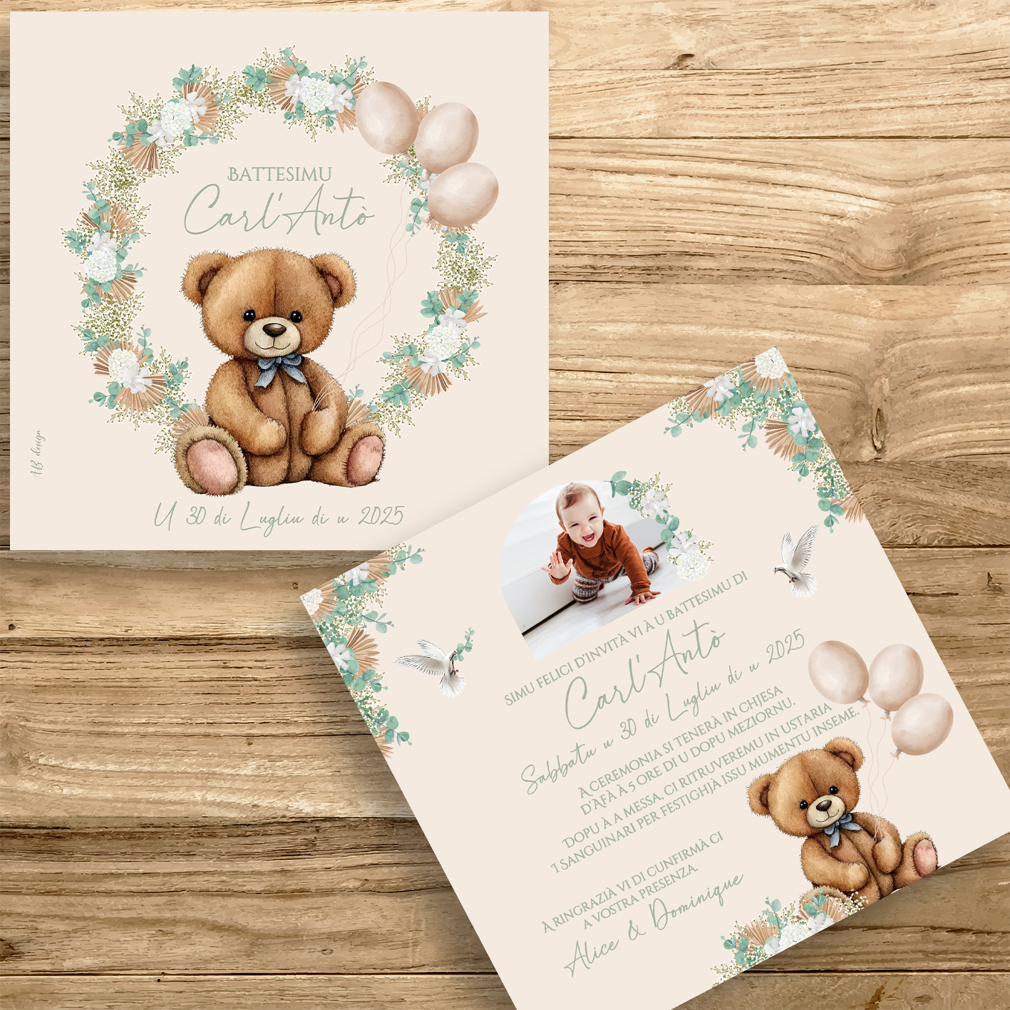 présentation FP bapteme nounours euca feuilles de palme hortensia gypso beige vert sauge