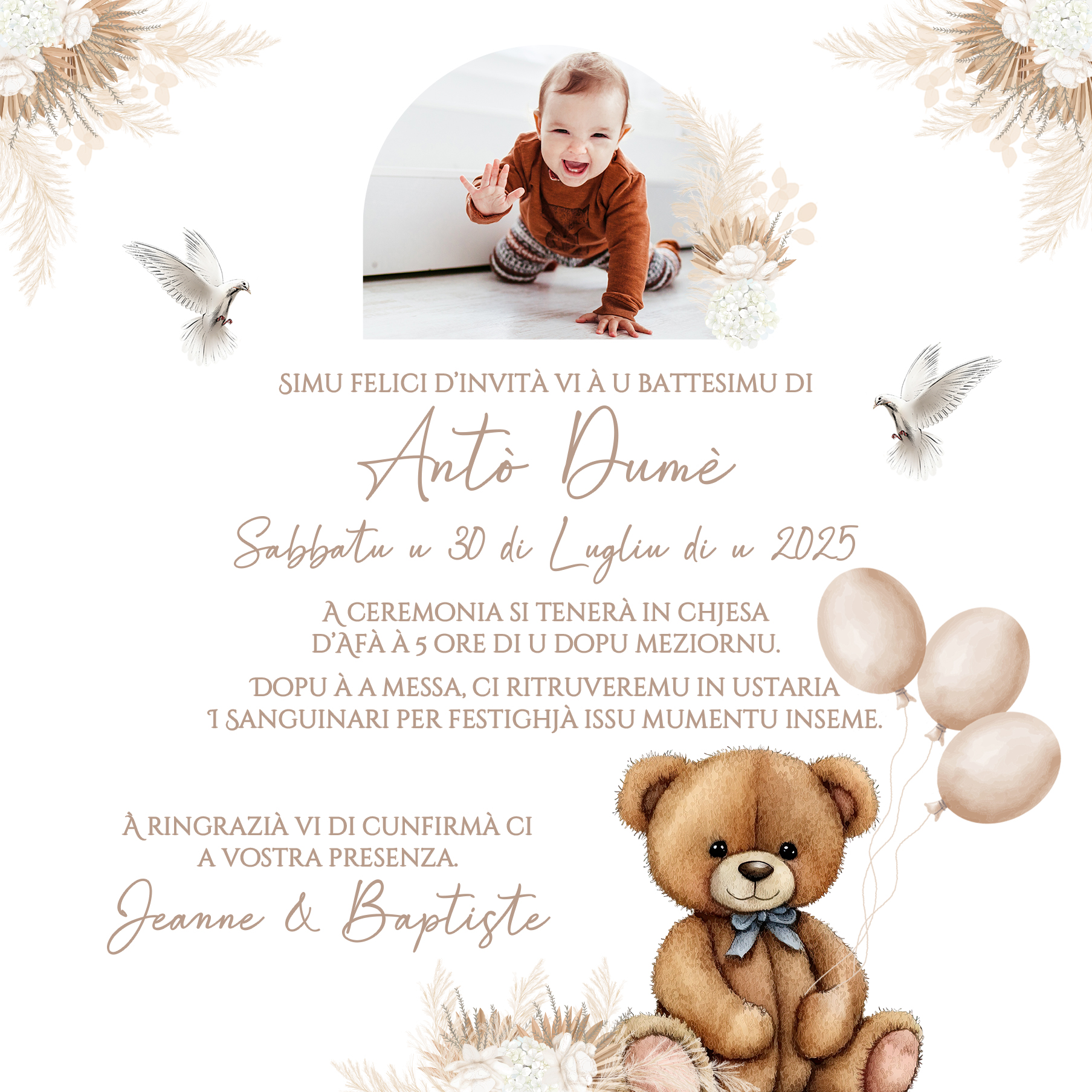 FP Baptême nounours + couronne fleurs séchées ballon beige verso