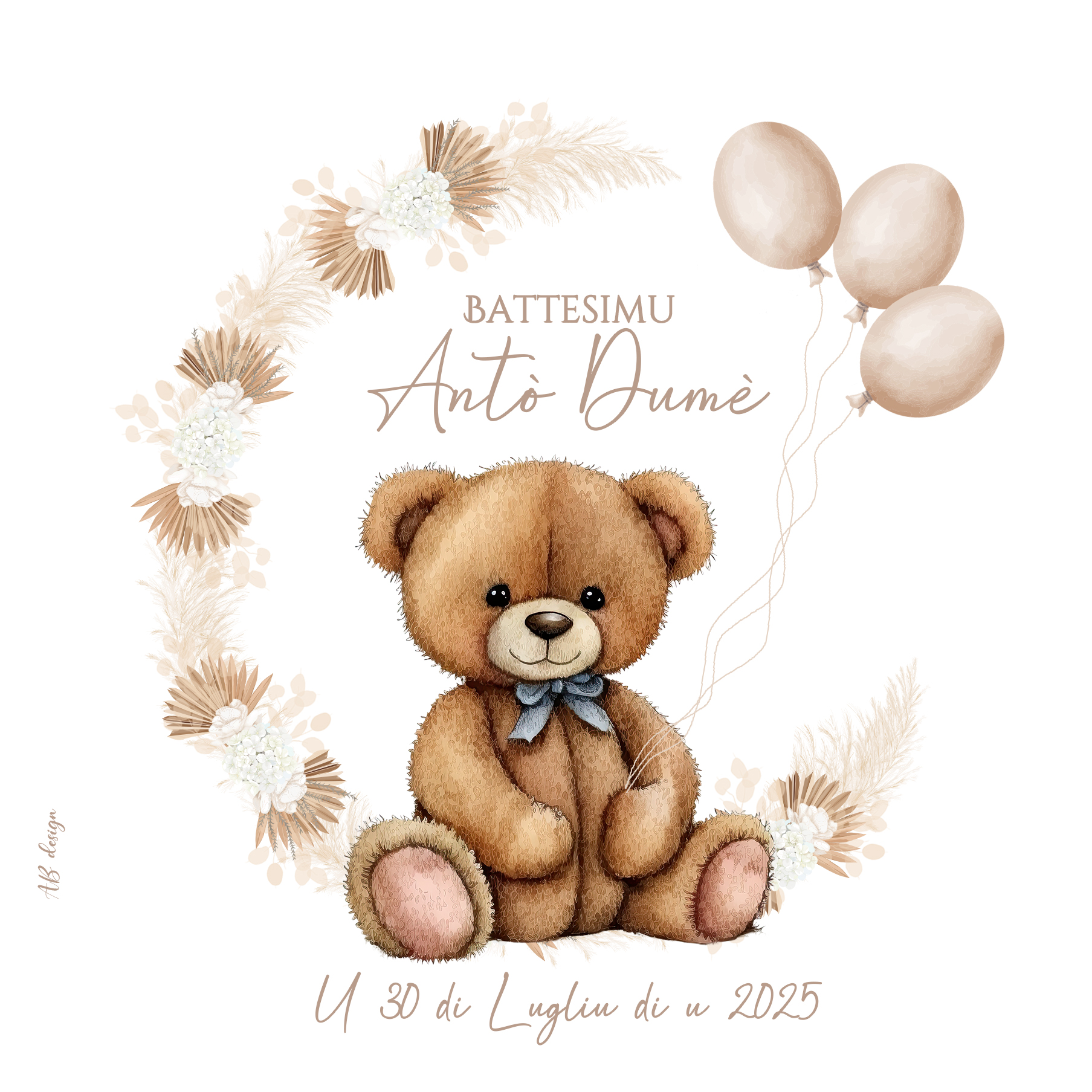 FP Baptême nounours + couronne fleurs séchées ballon beige recto