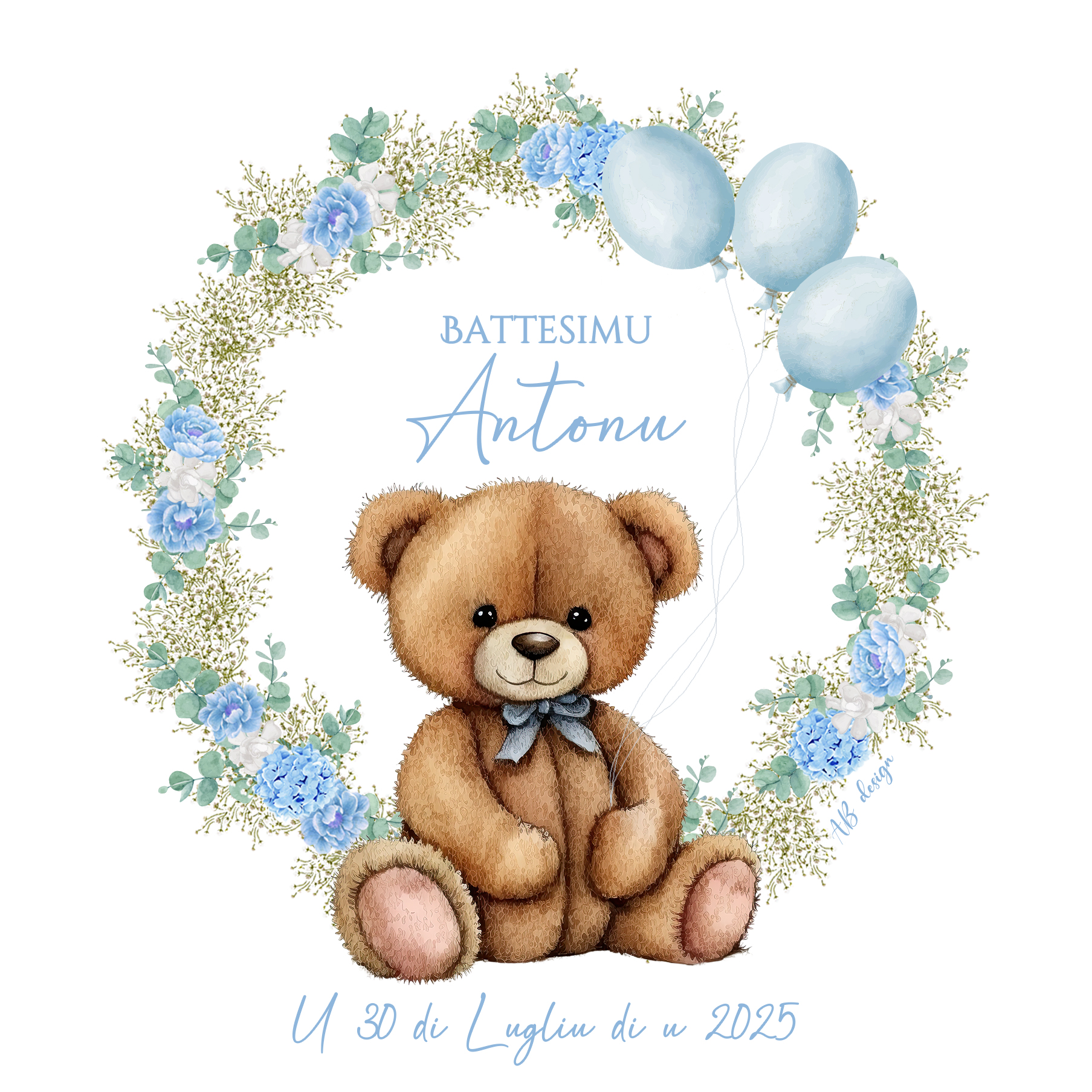 FP Baptême nounours + euca gypso pivoines bleues recto