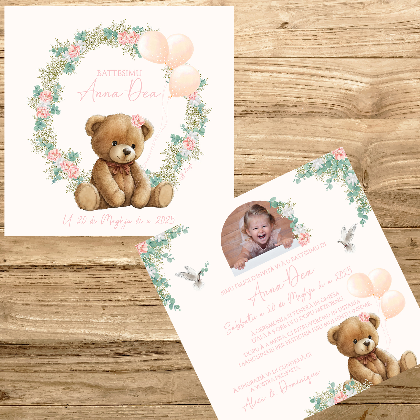 présentation fp baptême nounours couronne euca pivoine roses gypso
