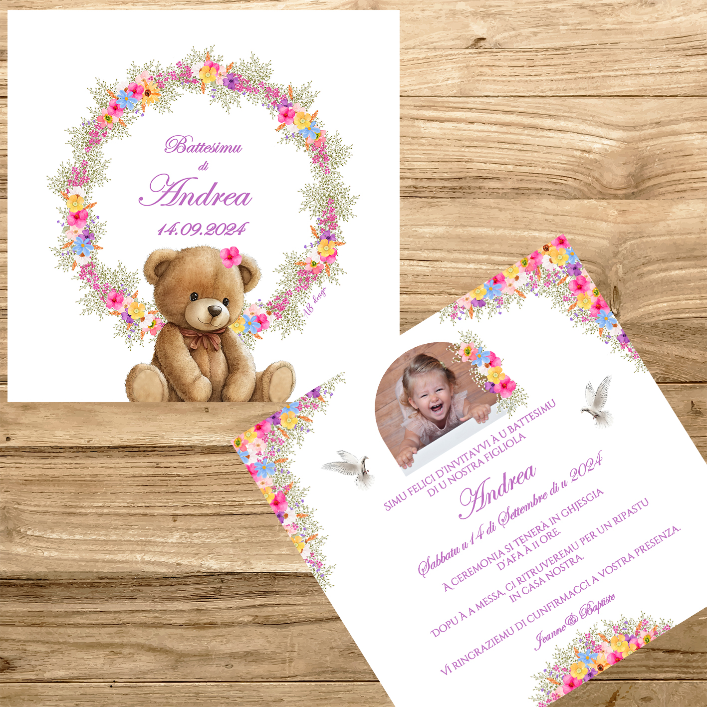 présentation FP baptême nounours couronne gypso fleurs colorées