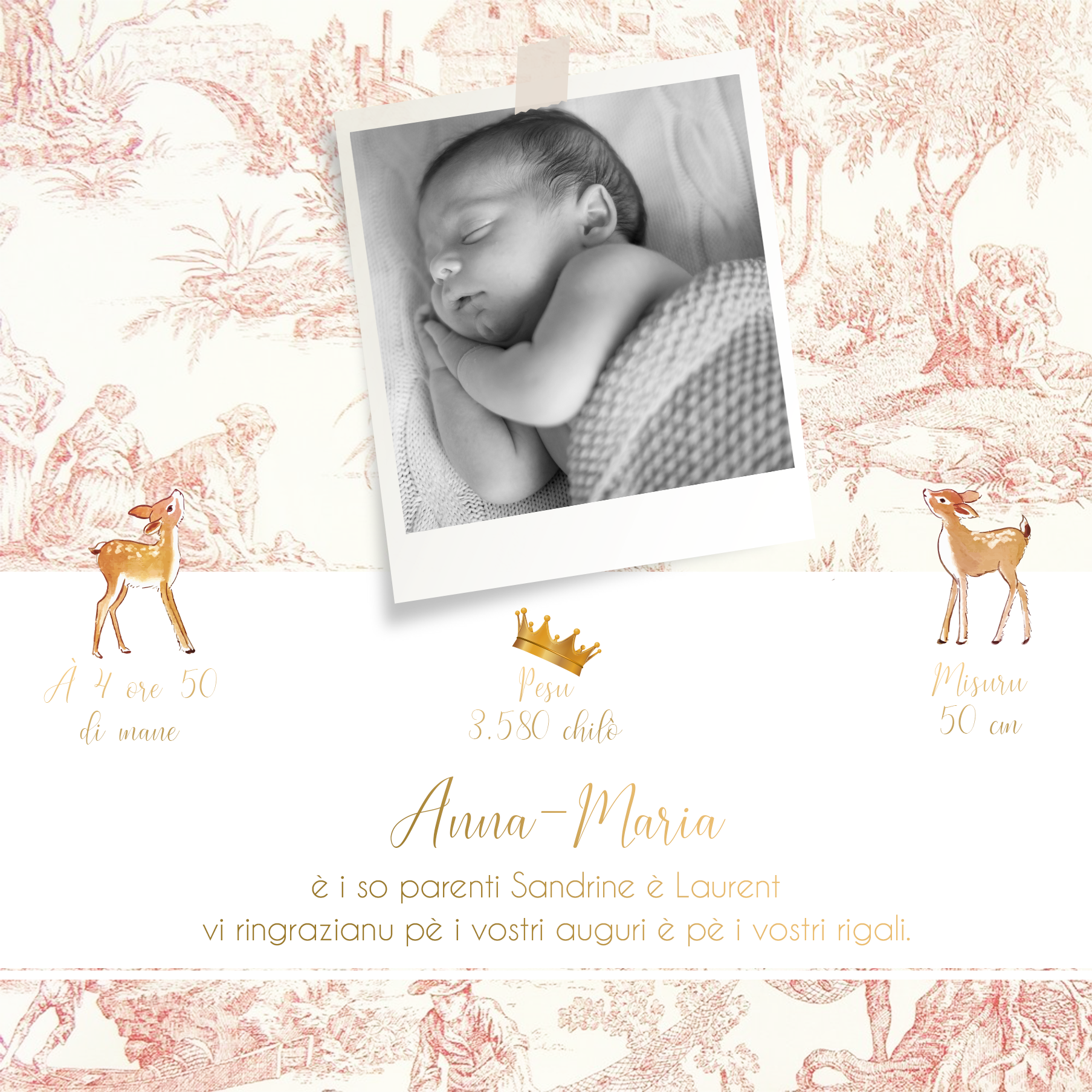 FP naissance toile de jouy rouge + biches verso