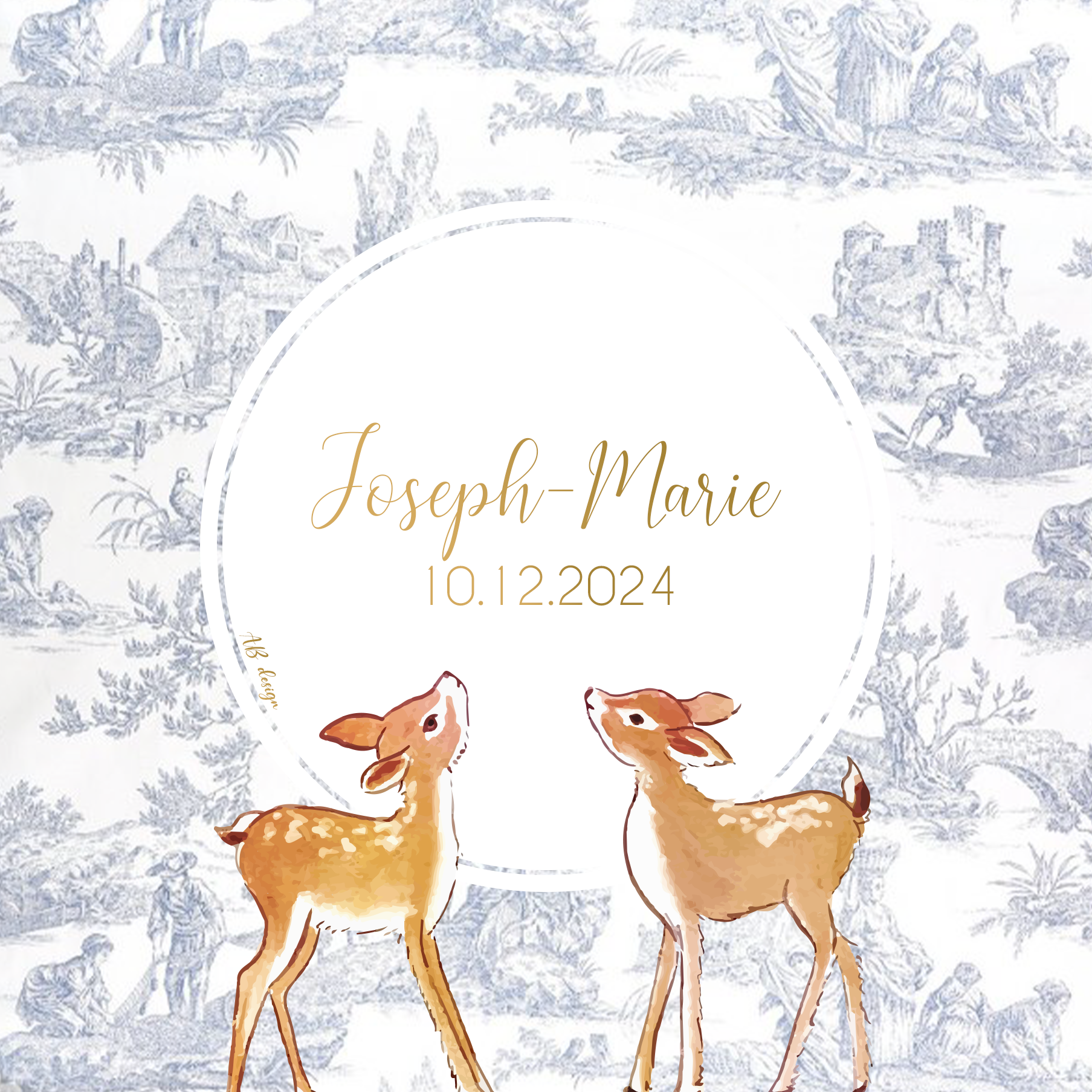 FP naissance toile de jouy bleu + biches recto