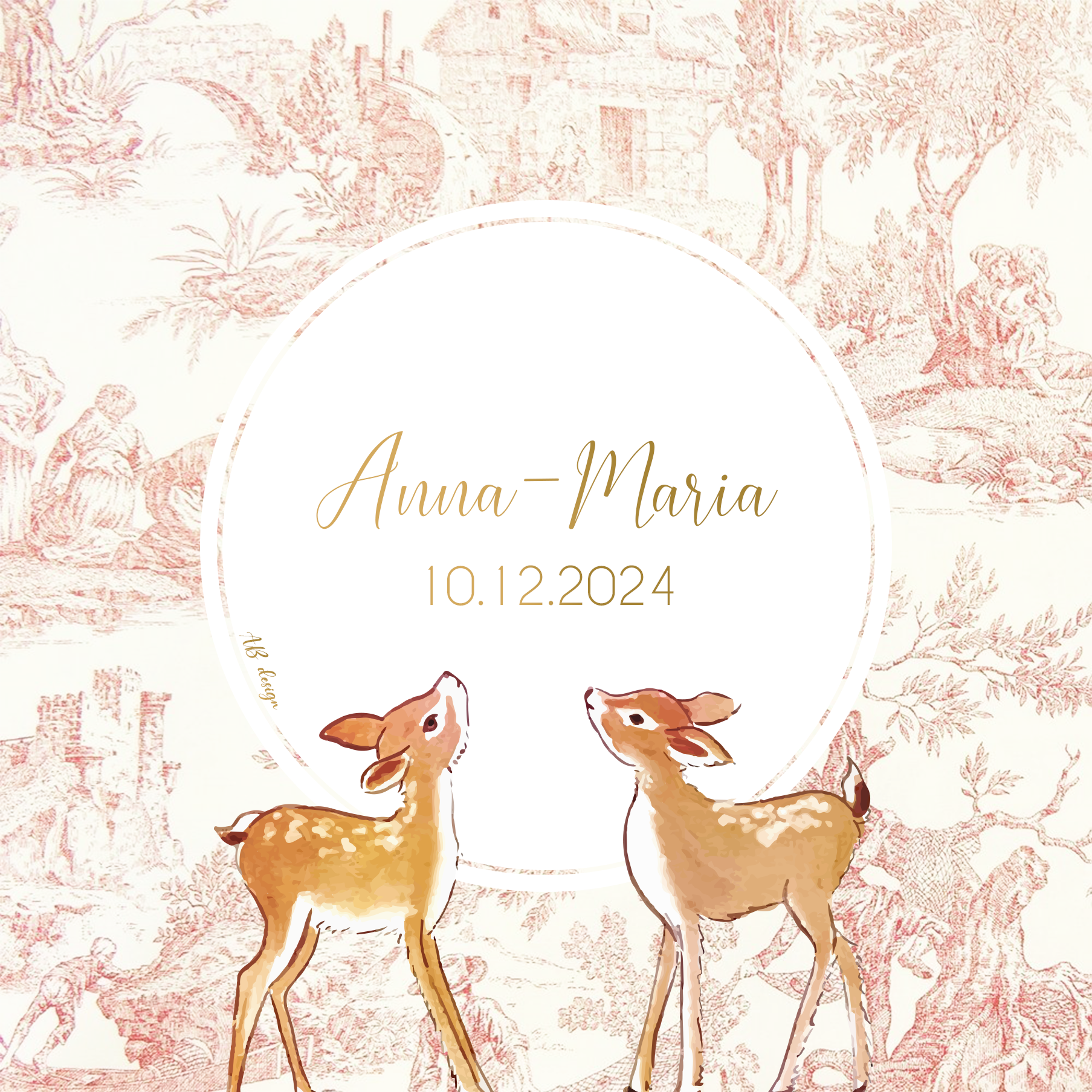 FP naissance toile de jouy rouge + biches recto