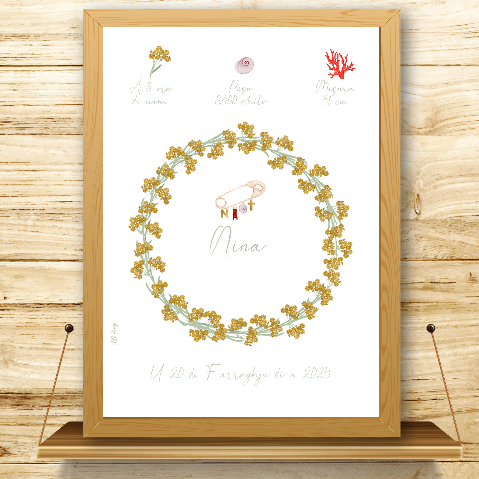 présentation affiche naissance couronne immortelle + broche porte-bonheurs