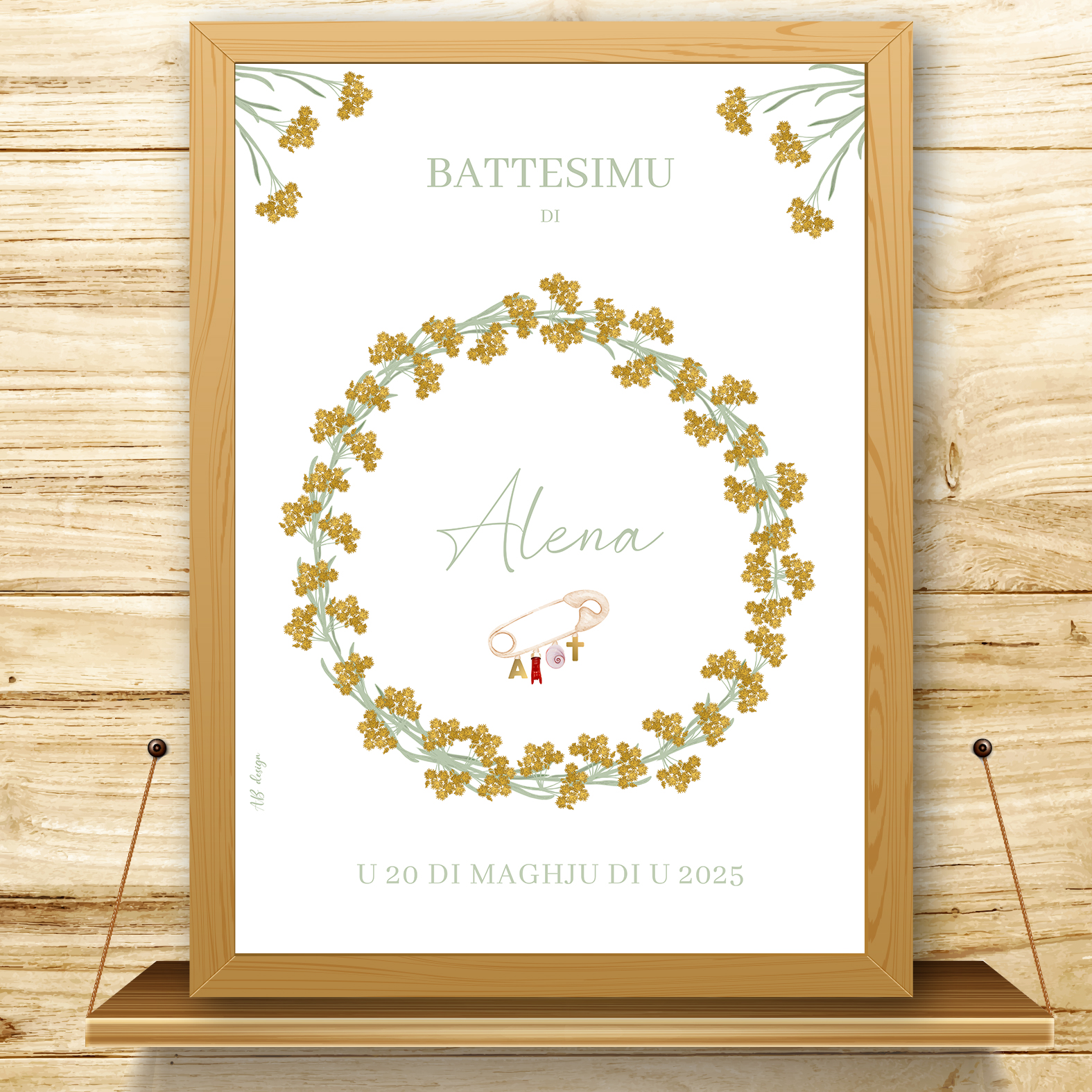 présentation affiche baptême couronne immortelle + broche porte-bonheurs
