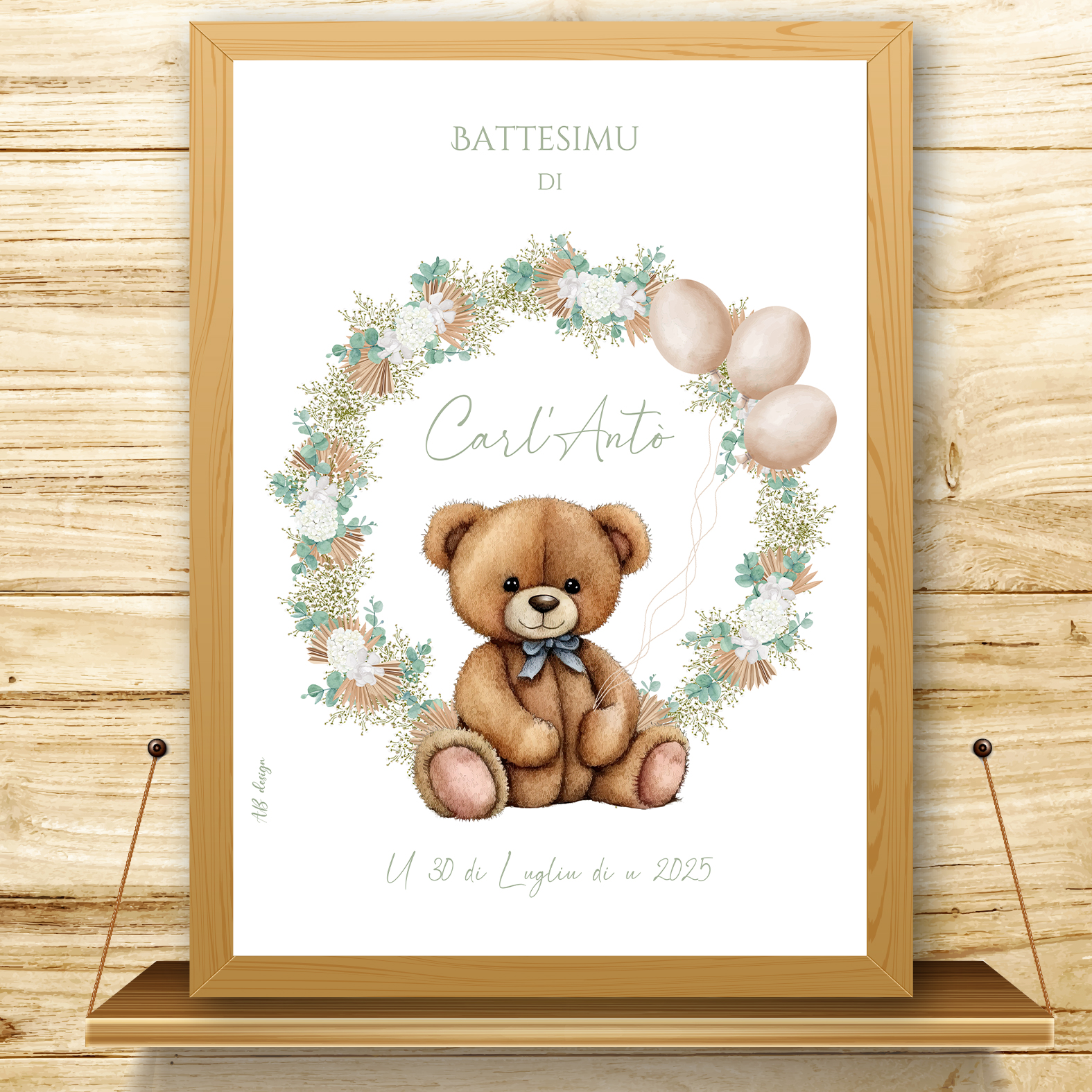 présentation affiche bapteme nounours + couronne eucalyptus gypso feuilles de palme