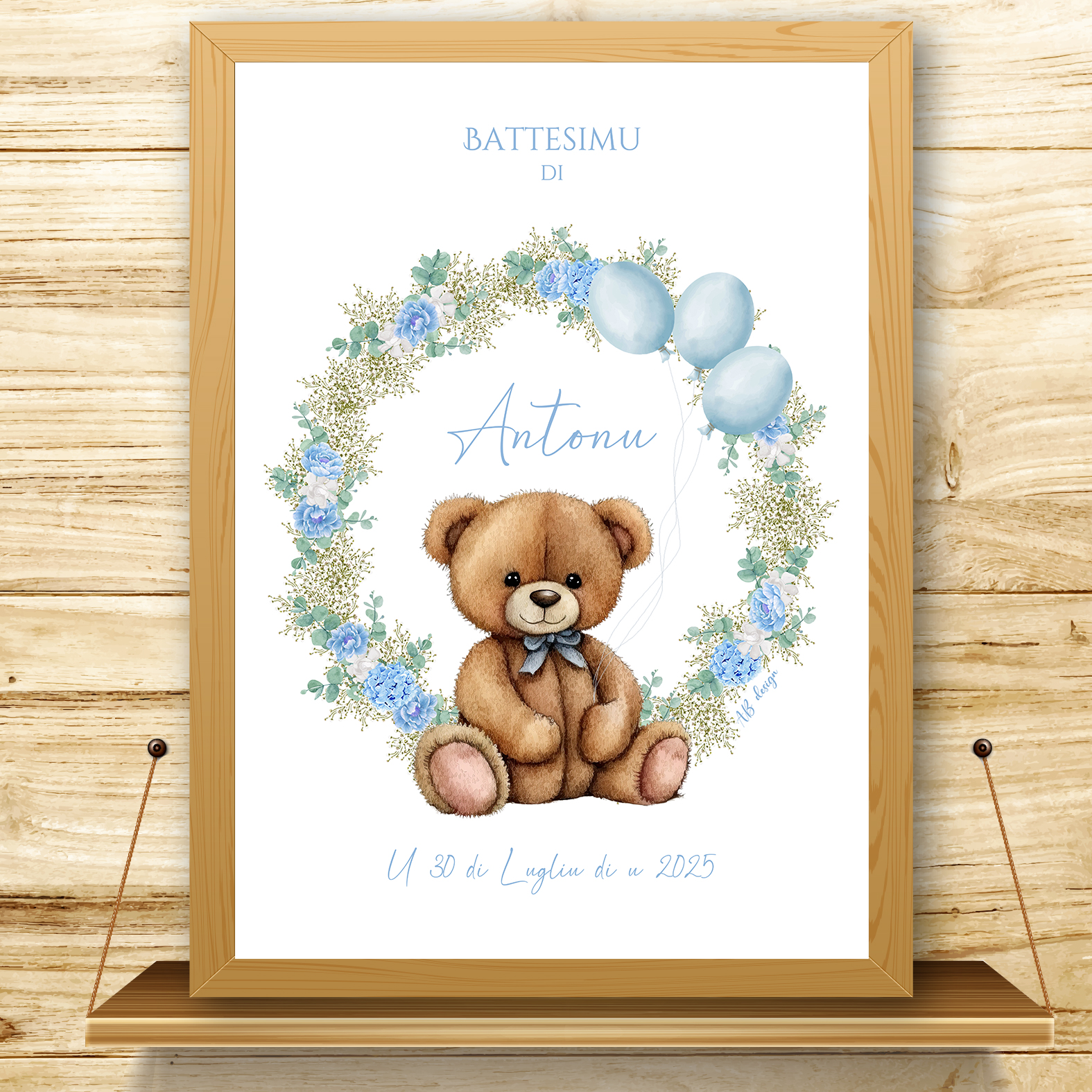 présentation affiche bapteme nounours + couronne eucalyptus pivoines bleues