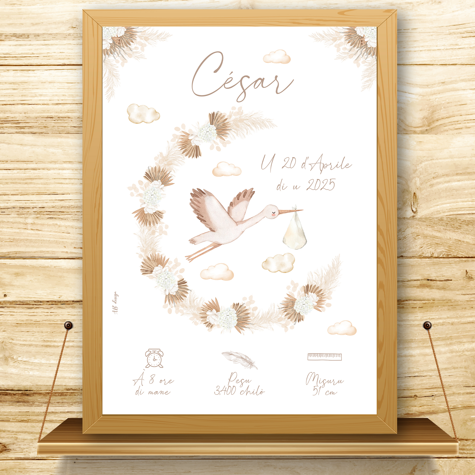 présentation affiche naissance cigogne + couronne fleurs séchées