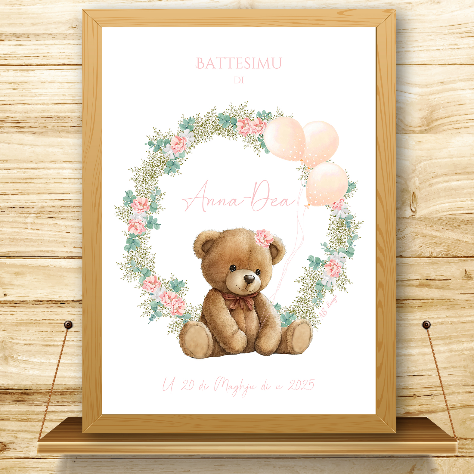 présentation affiche bapteme nounours + couronne eucalyptus gypso pivoines roses