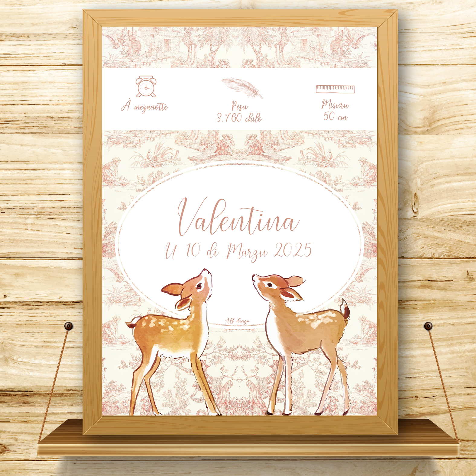 présentation affiche naissance toile de jouy rouge + biches