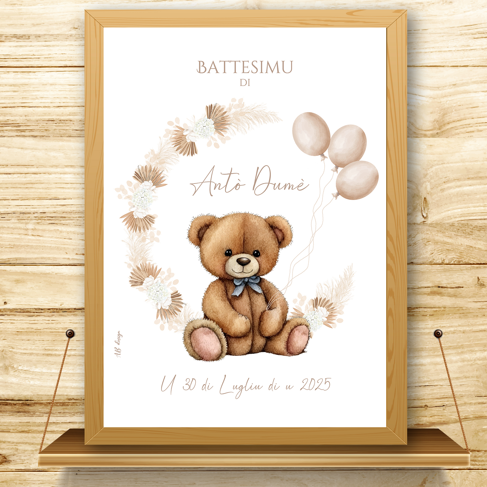 présentation affiche bapteme nounours + couronne de fleurs séchées