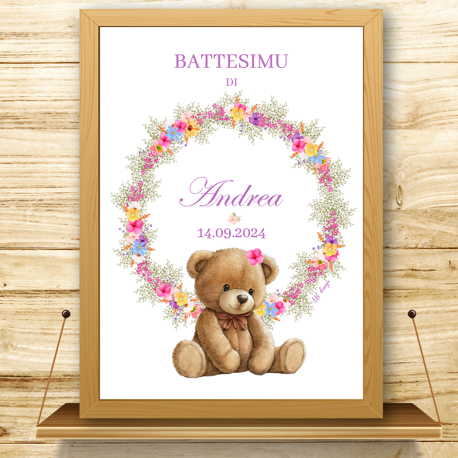 présentation affiche bapteme nounours + couronne de fleurs colorées