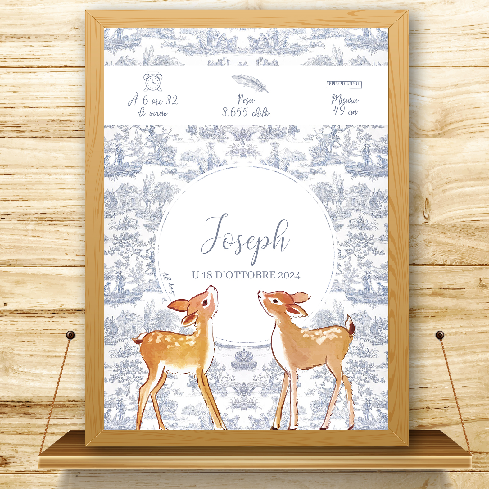 présentation affiche naissance toile de jouy bleue + biches