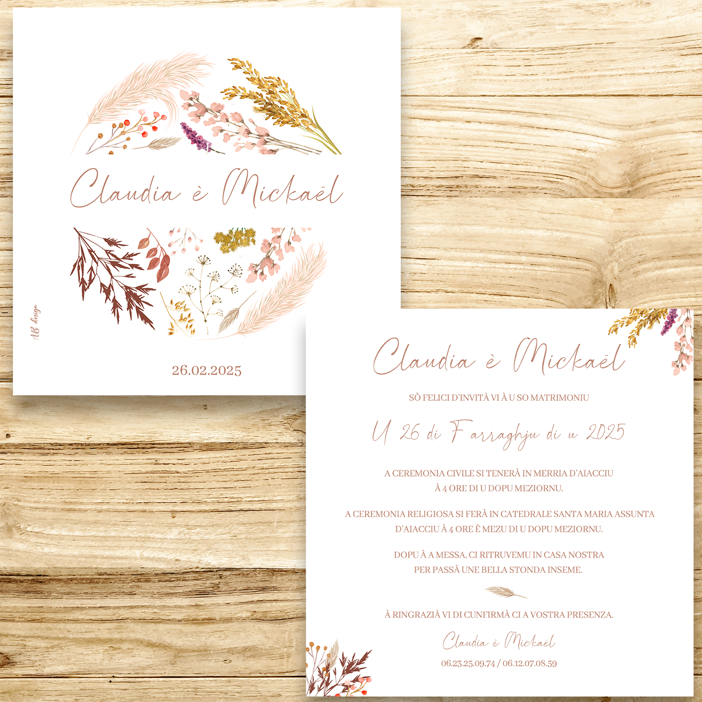 présentation faire-part mariage fleurs séchées forme ronde
