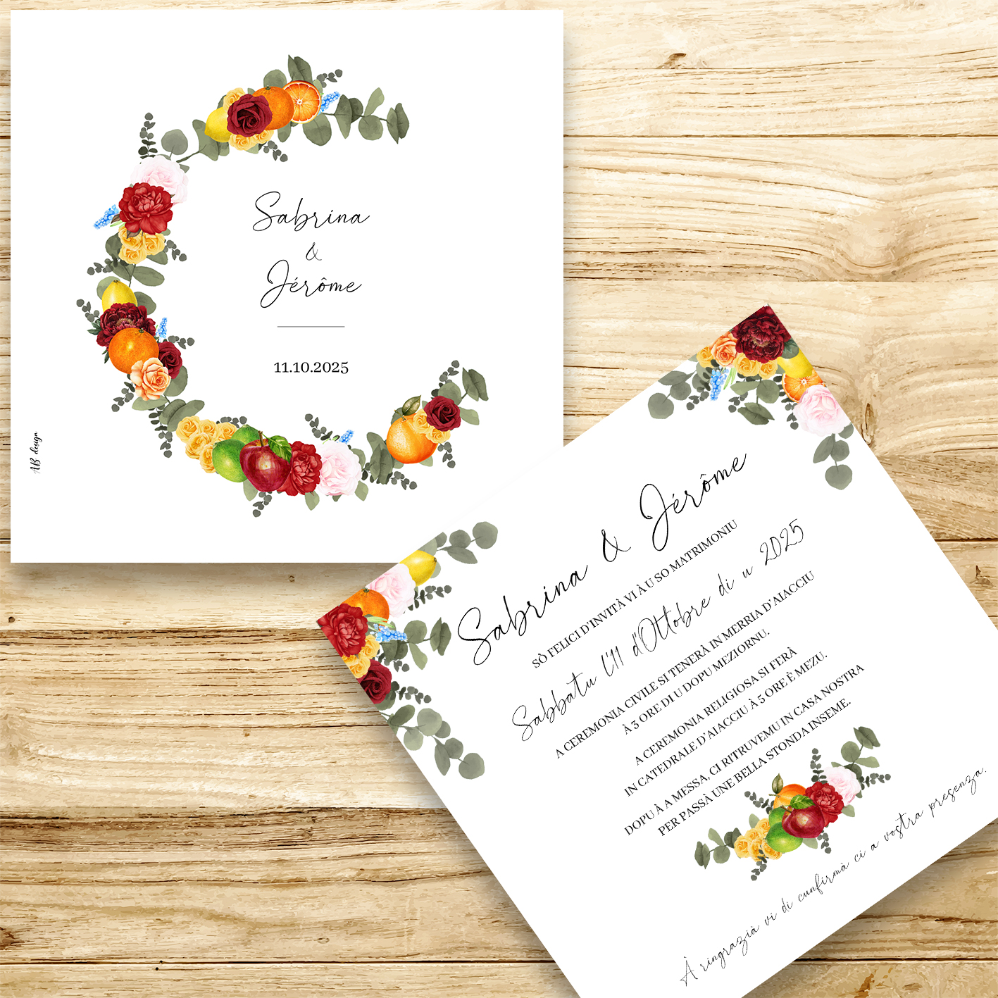 présentation fp mariage demi couronne fleurs fruits rouge jaune orange