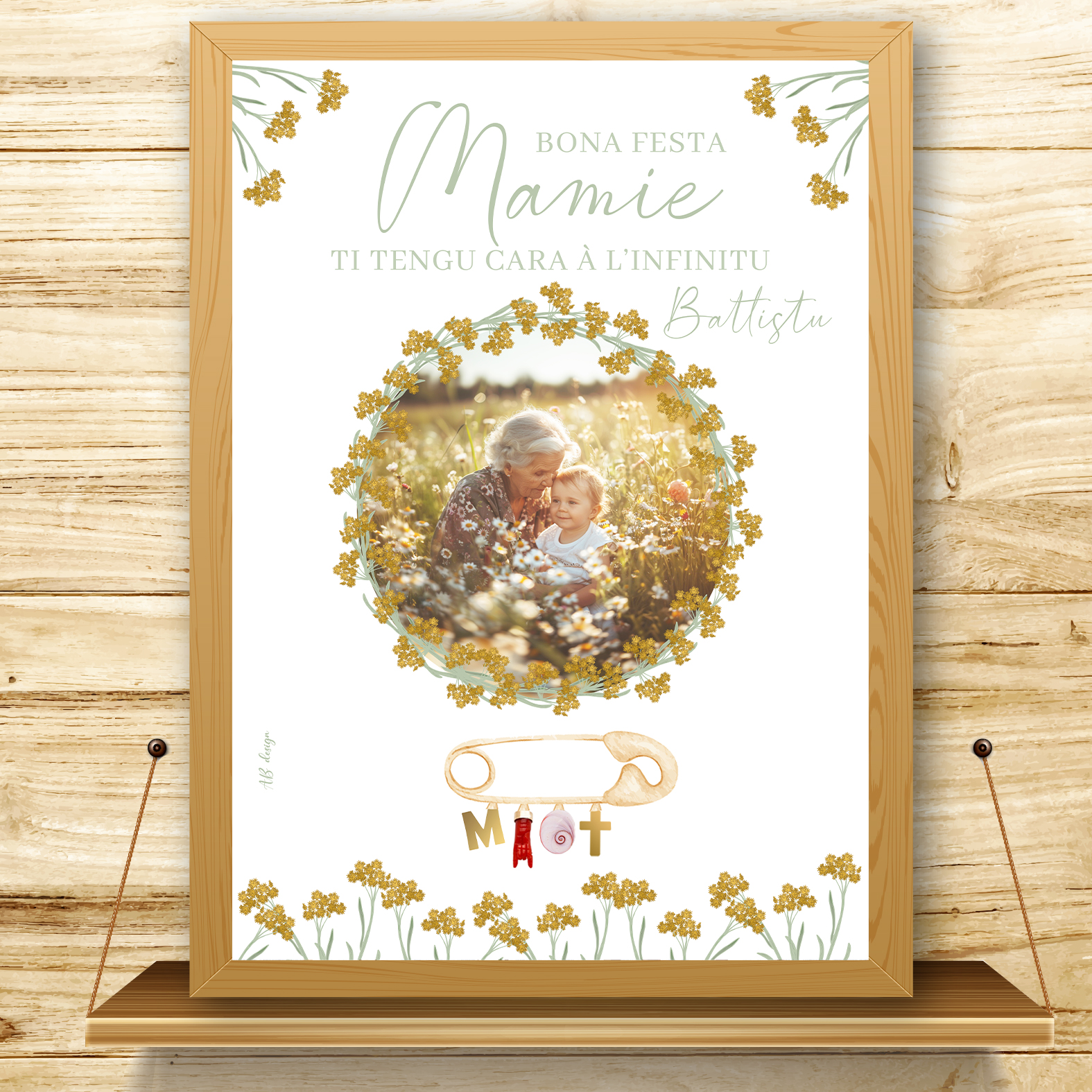 présentation affiche fete des grands-mères couronne immortelle + broche porte-bonheur