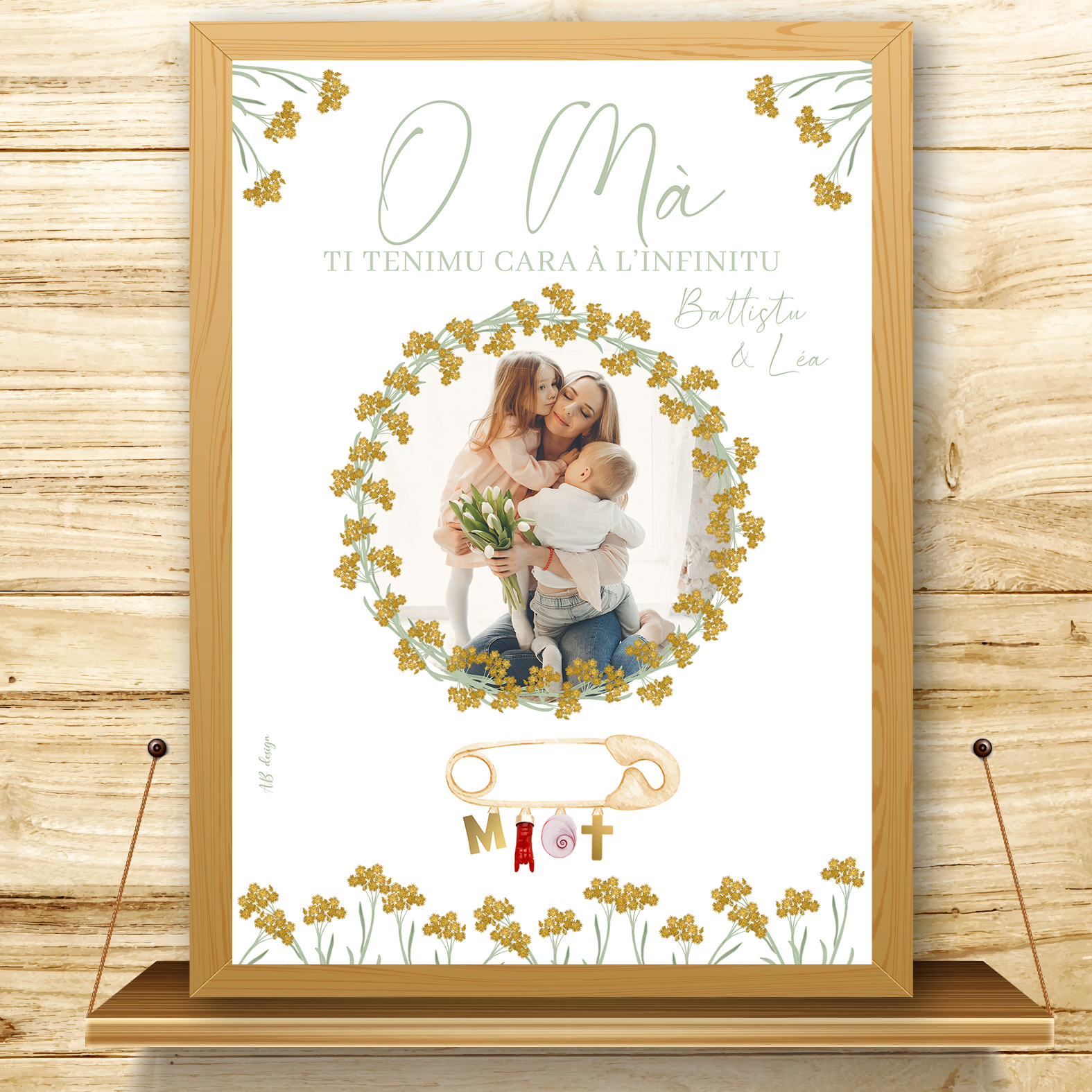 prés affiche A4 fete des mères 2 enfants couronne immortelle + broche porte-bonheurs