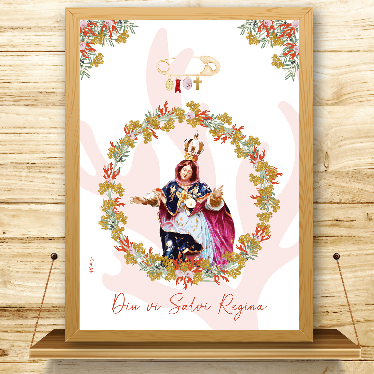 présentation affiche A3 vierge madonuccia + corail olivier couronne immortelle + broche porte-bonheurs